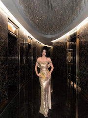 Sparkly Champagne Sequin Prom Dresses Mermaid Long Open Backs Maxi Gown with Slit
