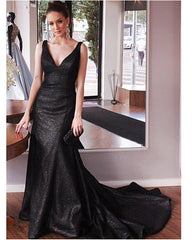 Sequin V Neck Open Back Prom Dresses Mermaid