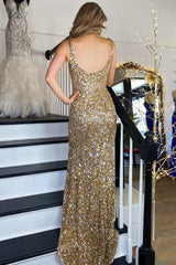 Sequin Gold Square Neck Prom Dresses Mermaid Long Formal Dress Backless with Slit