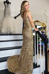 Sequin Gold Square Neck Prom Dresses Mermaid Long Formal Dress Backless with Slit