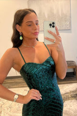 Sequin Long Prom Dress Dark Green Straps Mermaid Formal Gown