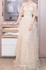 Sequined Tulle Sweetheart Off The Shoulder A-line Prom Dresses For Teens, CP0780