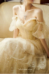 Sequined Tulle Sweetheart Off The Shoulder A-line Prom Dresses For Teens, CP0780