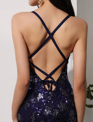 Sequined Navy Blue Mermaid Prom Dress TP0960
