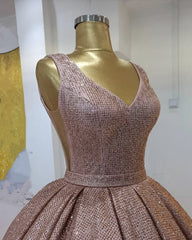 Sequins Prom Dresses Ball Gown High V Neck