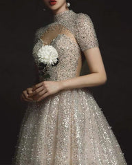 Sequins Weddding Dress High Neck Cap Sleeves