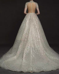 Sequins Weddding Dress High Neck Cap Sleeves
