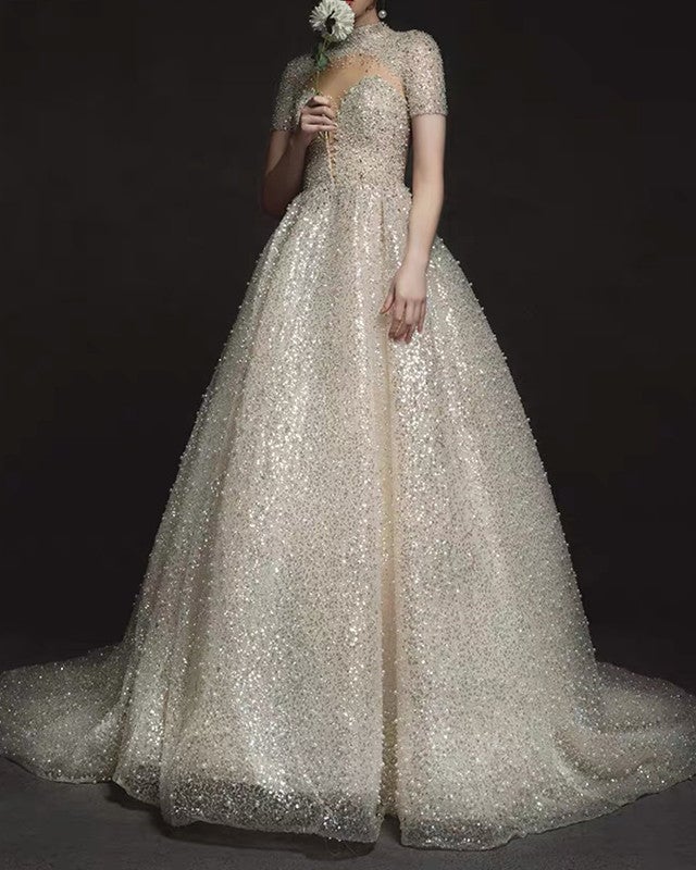 Sequins Weddding Dress High Neck Cap Sleeves