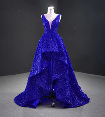 Sequins Asymmetrical Red Evening Dresses Sleeveless Deep-V Prom Formal Dress