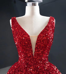 Sequins Asymmetrical Red Evening Dresses Sleeveless Deep-V Prom Formal Dress
