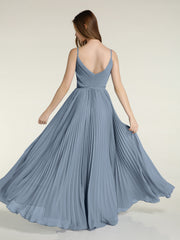 V-neck Full Pleated Skirt Dresses with Bow Sash-Dusty Blue