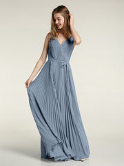 V-neck Full Pleated Skirt Dresses with Bow Sash-Dusty Blue