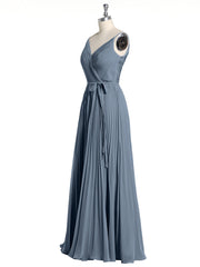 V-neck Full Pleated Skirt Dresses with Bow Sash-Dusty Blue