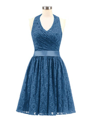 Halter V-neck Lace Dress with Satin Sash-Ink Blue