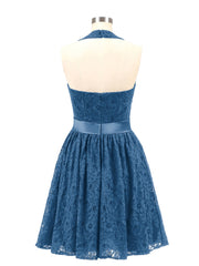 Halter V-neck Lace Dress with Satin Sash-Ink Blue