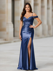 Off-the-shoulder Applique Corset Sheath Gown With Slit Navy Blue