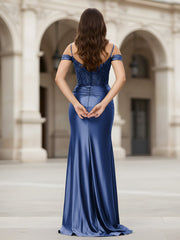 Off-the-shoulder Applique Corset Sheath Gown With Slit Navy Blue