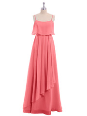 Spaghetti Strap Chiffon Dress with Cascade Skirt-Watermelon