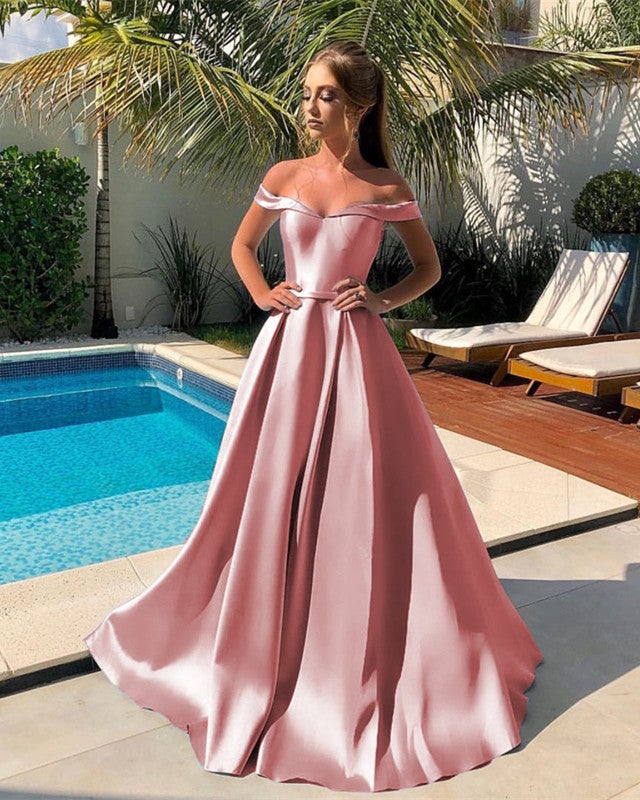 Long A Line Satin Off Shoulder Dress