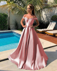 Long A Line Satin Off Shoulder Dress