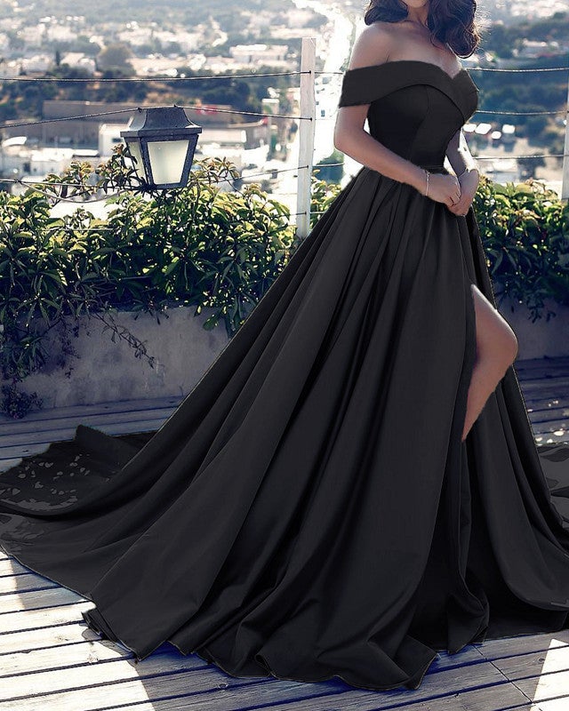 Sexy Front Split Satin Long Dresses Off The Shoulder