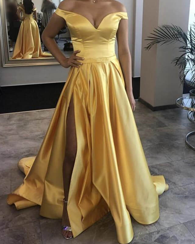 Sexy Leg Slit Off Shoulder Long Satin Yellow Prom Dresses