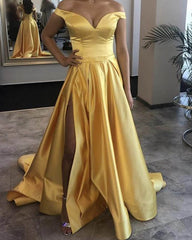 Sexy Leg Slit Off Shoulder Long Satin Yellow Prom Dresses