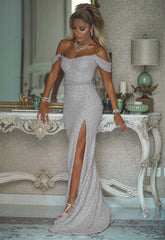 Sexy Leg Slit Off Shoulder Sequins Mermaid Prom Dresses
