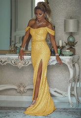 Sexy Leg Slit Off Shoulder Sequins Mermaid Prom Dresses