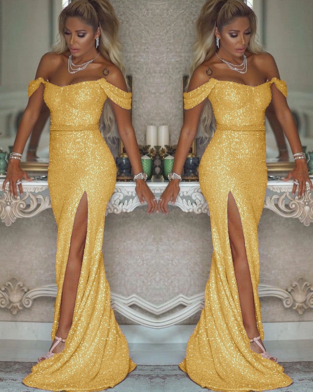 Sexy Leg Slit Off Shoulder Sequins Mermaid Prom Dresses