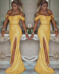 Sexy Leg Slit Off Shoulder Sequins Mermaid Prom Dresses