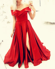Sexy Long Satin Dresses Off Shoulder Leg Slit