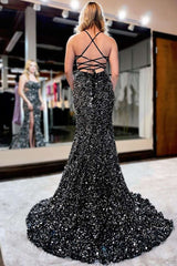 Aimishang Sequins Black Lace Up Prom Dresses With Waistline And Slit Sexy Mermaid Evening Dresses