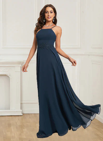 Aimishang A Line Evening Dresses Open Back Halter With Appliques Chiffon