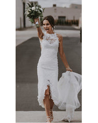 Sexy Open Back Lace Mermaid Wedding Dresses Front Slit