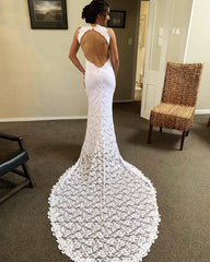 Sexy Open Back Lace Mermaid Wedding Dresses Front Slit