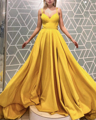 Sexy Spaghetti Straps V Neck Satin Split Prom Dresses