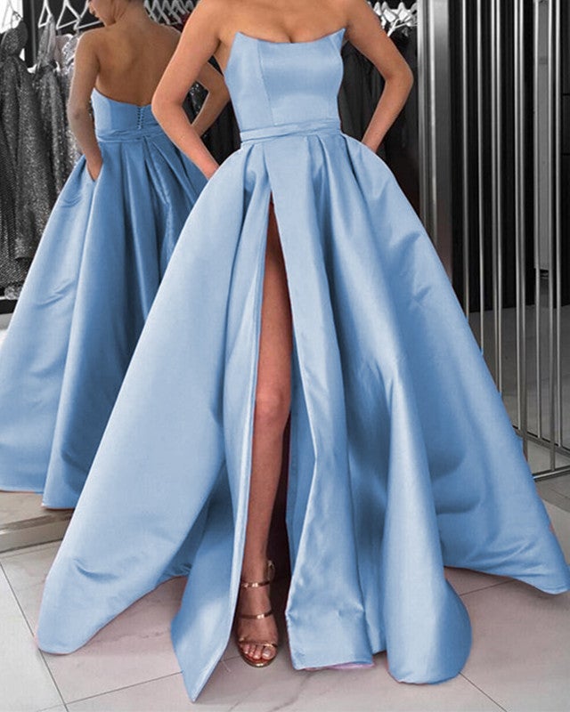 Sexy Strapless Long Slit Satin Dress