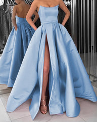 Sexy Strapless Long Slit Satin Dress