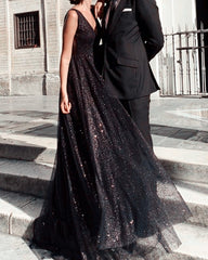 Sexy V Neck Long Backless Sequin Dresses
