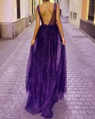 Sexy V Neck Long Backless Sequin Dresses
