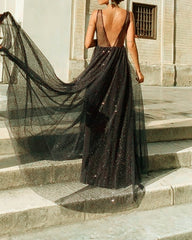 Sexy V Neck Long Backless Sequin Dresses
