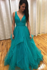 Sexy Deep V Neck Ruffles Pink Long Prom Dress with Criss Cross Back TP0840