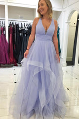 Sexy Deep V Neck Ruffles Pink Long Prom Dress with Criss Cross Back TP0840