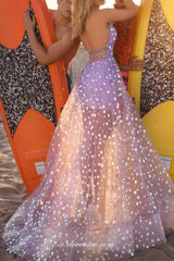 Sexy Halter Backless See Through Lilac Tulle Evening Dresses, CP0737