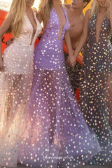 Sexy Halter Backless See Through Lilac Tulle Evening Dresses, CP0737