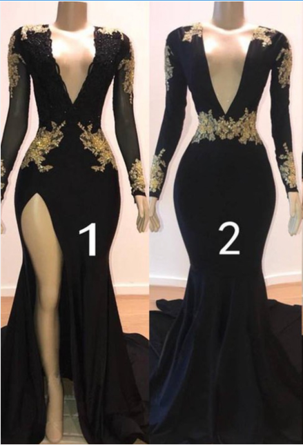 Sexy Long Sleeve Black Gold Prom Dresses 2024 V Neck Appliques Formal Dress