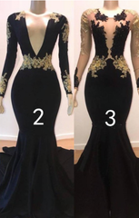 Sexy Long Sleeve Black Gold Prom Dresses 2024 V Neck Appliques Formal Dress