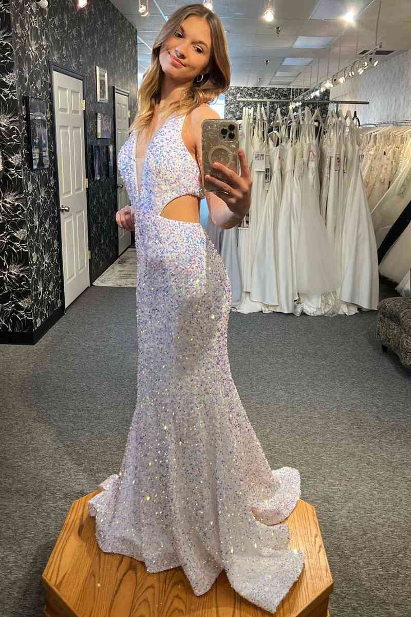 Sexy Mermaid Sequin White Long Prom Dresses Plunging Neck Cutout Waist