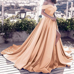 Sexy Off Shoulders Satin Black Long Evening Formal Dress Split Wedding Guest Dress